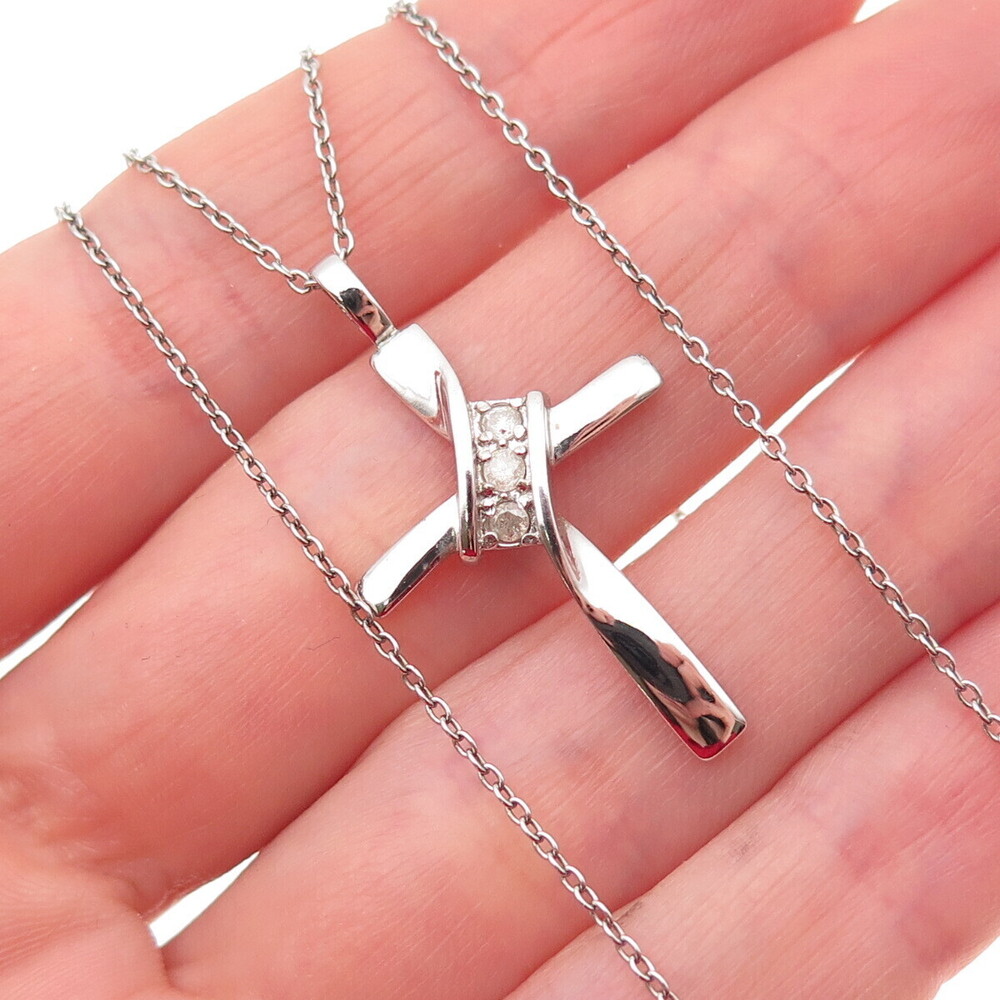 Charles Winston 925 Sterling Silver Real Diamond Cross Cable Chain Necklace 18"